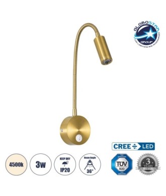 GLOBOSTAR® GOOSE 60880 Μοντέρνο Φωτιστικό Τοίχου - Απλίκα Ξενοδοχείου Reading Light LED 3W 300lm 36° AC 220-240V IP20 Φυσικό Λευκό 4500K - CREE XPE Chip & TÜV SÜD Driver - Χρυσό Πλατίνα - Μ6.5 x Π15 x Υ24.5cm - 3 Χρόνια Εγγύηση